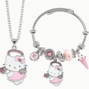 Sanrio Hello Kitty 2pcs Jewelry Set - Chic Pink Rhinestone Necklace & Bracelet,